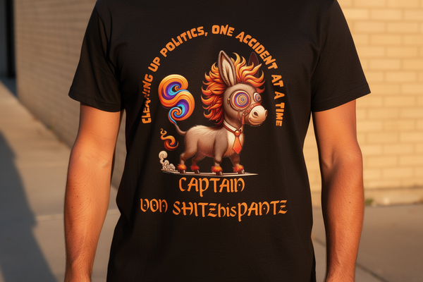 lifestyle scene ~ Captain Von ShitzhisPantz T-Shirt, Trump Ass Tee, Unique anti-Trump Graphic Shirt Design shits his pants! ~ Orange Liar