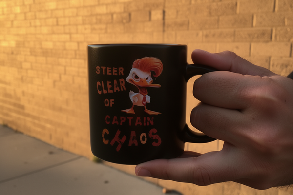 lifestyle scene ~ Steer Clear of CAPTAIN CHAOS Coffee Mug ~ Orange Liar