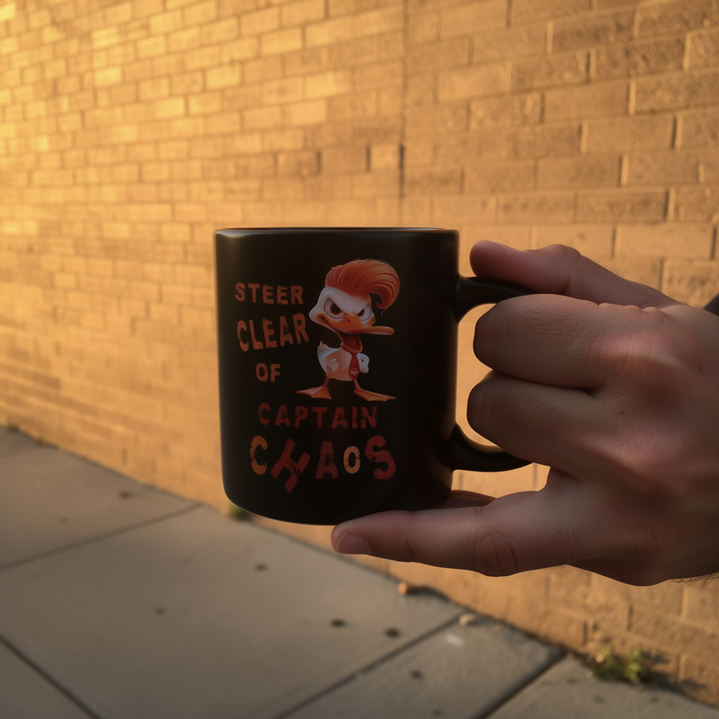 lifestyle scene ~ Steer Clear of CAPTAIN CHAOS Coffee Mug ~ Orange Liar