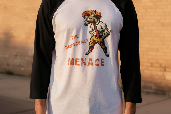 lifestyle scene ~ The Democracy Menace ~ Baseball 3/4 Sleeve Tee ~ Orange Liar