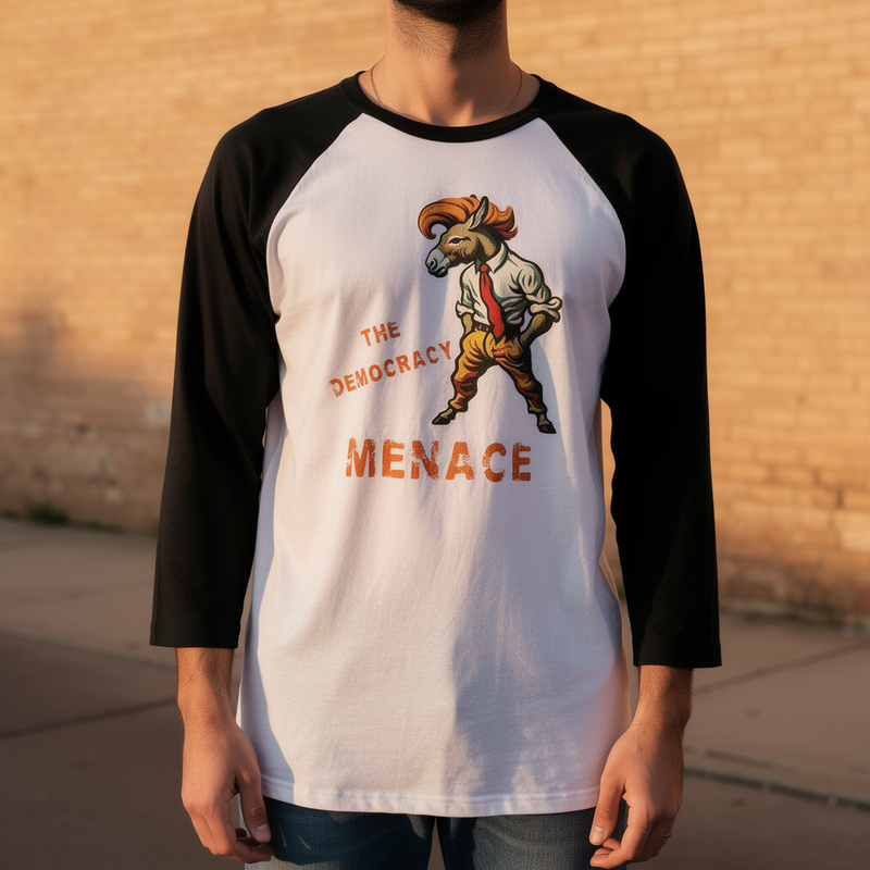 lifestyle scene ~ The Democracy Menace ~ Baseball 3/4 Sleeve Tee ~ Orange Liar