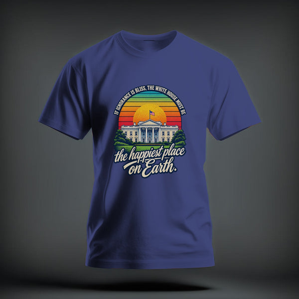 A blue crewneck t-shirt featuring a graphic of the White House with retro sunset colors and sarcastic text.