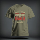 An olive green t-shirt with red and beige text reading 
