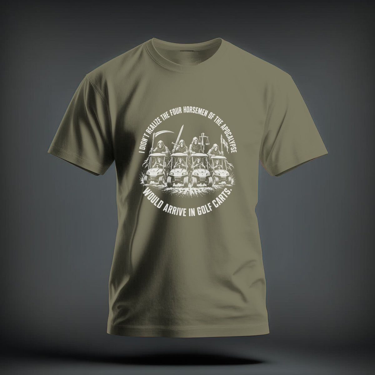 An olive green t-shirt featuring a white graphic of the Four Horsemen riding golf carts, surrounded by circular text.