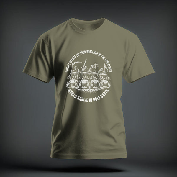An olive green t-shirt featuring a white graphic of the Four Horsemen riding golf carts, surrounded by circular text.