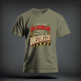 Olive green crewneck t-shirt featuring centered retro typography and film reel graphics.