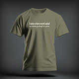 Olive green t-shirt with white text reading 