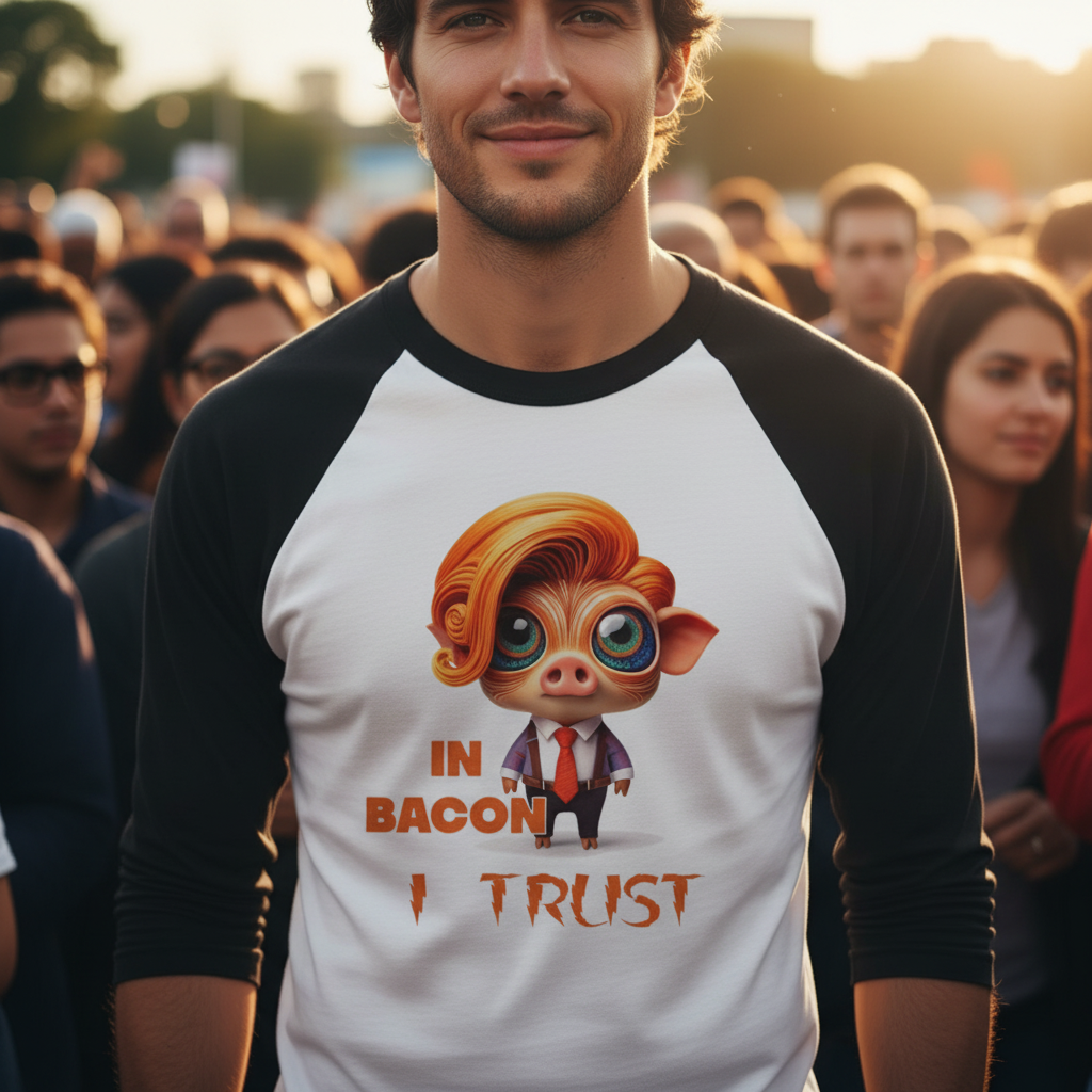 lifestyle scene ~ In Bacon I Trust ~ Baseball 3/4 Sleeve Tee