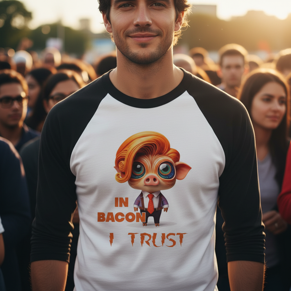 lifestyle scene ~ In Bacon I Trust ~ Baseball 3/4 Sleeve Tee