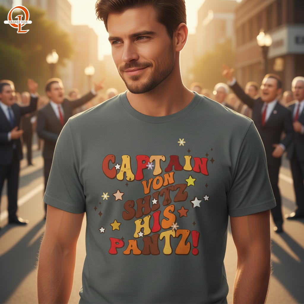 lifestyle scene ~ Captain Von Shitz His Pantz Funny T-Shirt, Quirky Comic Style Tee, Anti-Trump Tee