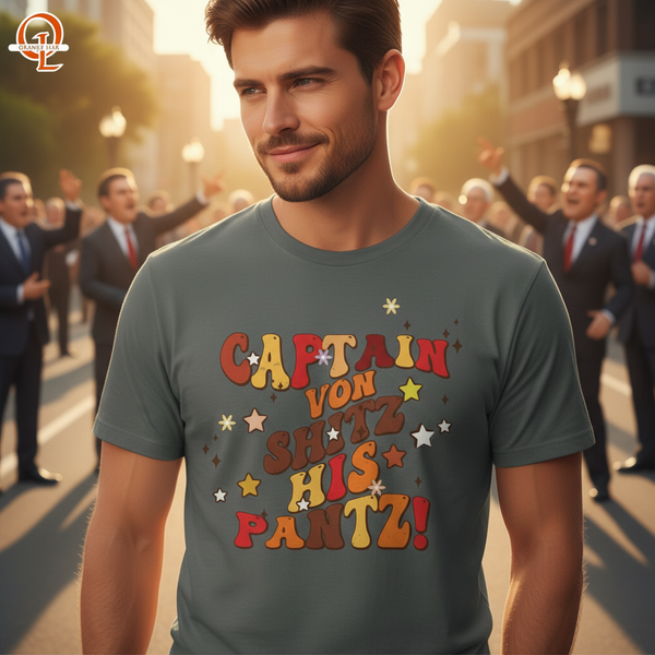 lifestyle scene ~ Captain Von Shitz His Pantz Funny T-Shirt, Quirky Comic Style Tee, Anti-Trump Tee
