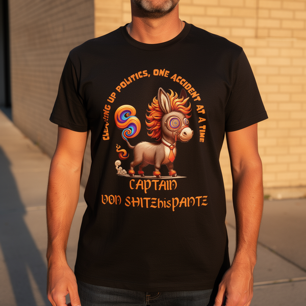 lifestyle scene ~ Captain Von ShitzhisPantz T-Shirt, Trump Ass Tee, Unique anti-Trump Graphic Shirt Design shits his pants!