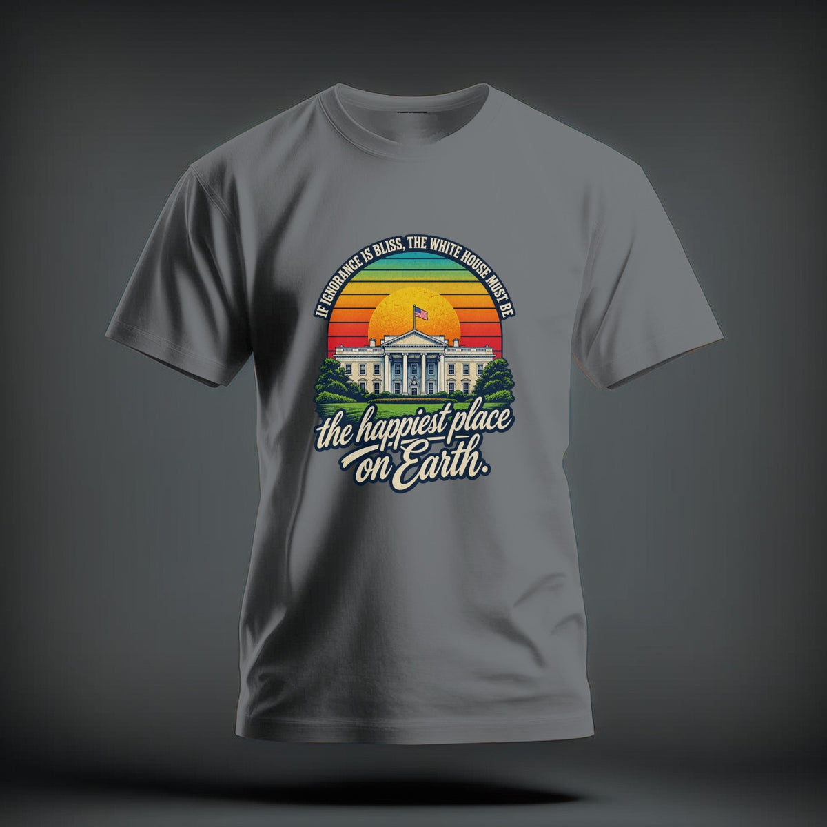 A gray t-shirt with a graphic of the White House, a sunset, and satirical political text.