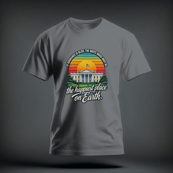 A gray t-shirt with a graphic of the White House, a sunset, and satirical political text.