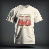 A white t-shirt featuring distressed red and beige text reading 
