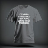 A grey crewneck t-shirt featuring the white text 
