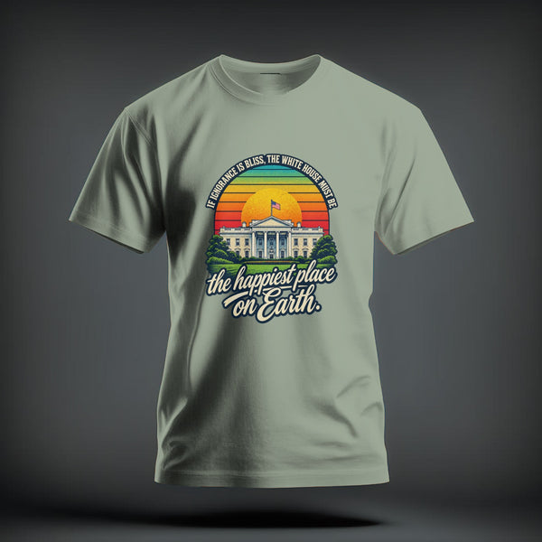 Sage green t-shirt with a graphic of the White House, a retro sunset, and text.