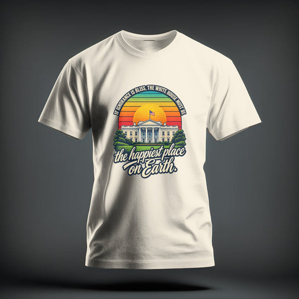 Off-white t-shirt featuring a retro graphic of the White House with sunset stripes and political satirical text.