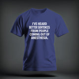 A blue t-shirt featuring the white text 