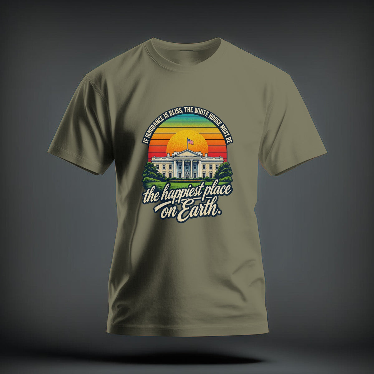 An olive green t-shirt with a graphic of the White House, a sunset, and satirical text.