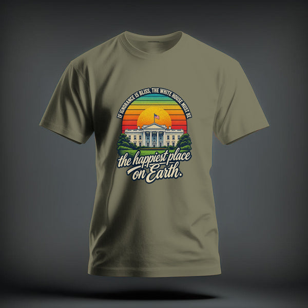 An olive green t-shirt with a graphic of the White House, a sunset, and satirical text.