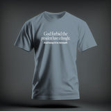 A slate blue crewneck t-shirt featuring white text that reads God forbid the president have a thought. And keep it to himself.