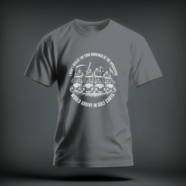 A grey crewneck t-shirt featuring a white graphic of skeletons driving golf carts, encircled by text.