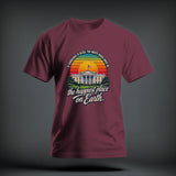 Maroon crewneck t-shirt featuring a graphic of the White House with retro sunset colors and sarcastic text.