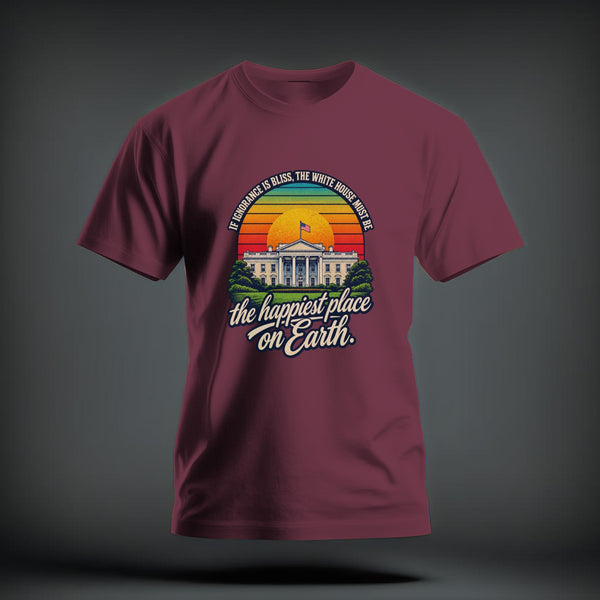 Maroon crewneck t-shirt featuring a graphic of the White House with retro sunset colors and sarcastic text.
