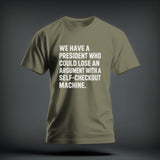 An olive green t-shirt with white printed text reading 