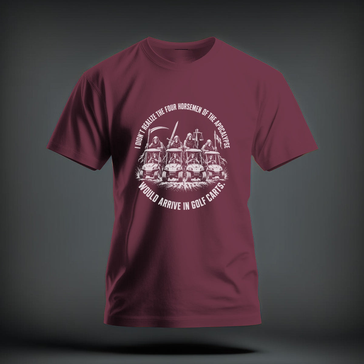 A maroon t-shirt featuring a circular white graphic of the four horsemen in golf carts.