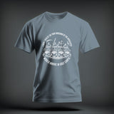 A grey crewneck t-shirt featuring a circular white graphic of the four horsemen of the apocalypse driving golf carts.