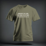 Olive green short-sleeved t-shirt with white text reading 