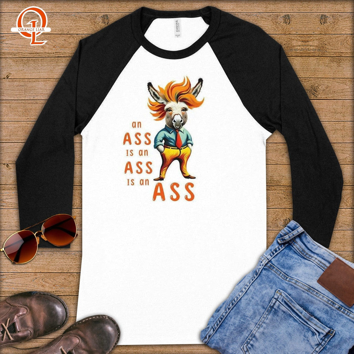 An Ass is an Ass is an Ass ~ Baseball 3/4 Sleeve Tee-Orange Liar