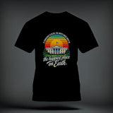 A black t-shirt features a graphic of the White House over a sunset, with text reading, 