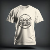 Cream t-shirt featuring a black graphic of four horsemen riding golf carts with humorous text surrounding them.