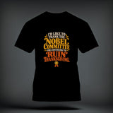 A black t-shirt printed with the text, 