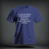 A blue short-sleeve t-shirt with white text reading 
