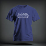 A dark blue crewneck t-shirt featuring the white text 