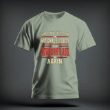 A light green t-shirt featuring distressed red and white text reading 
