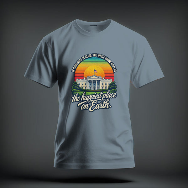 A light blue t-shirt with a graphic of the White House, a sunset, and satirical text.