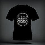 Black t-shirt featuring a white graphic of the four horsemen riding golf carts with accompanying text.