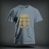 Blue t-shirt featuring the gold text 
